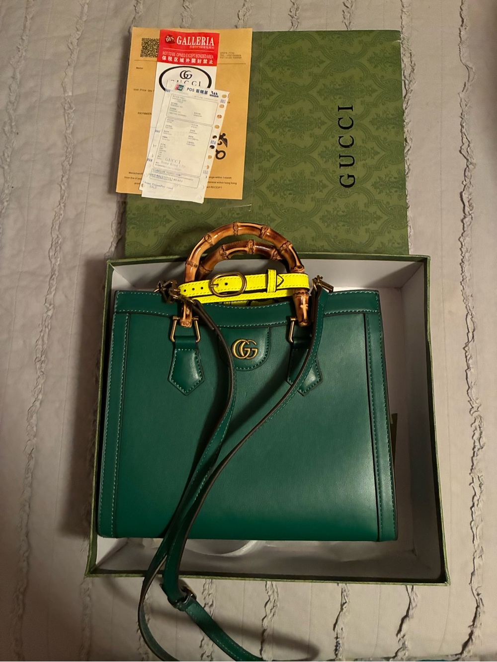 Gucci Green Leather Bamboo Top-Handle Satchel with Yellow Strap Accent